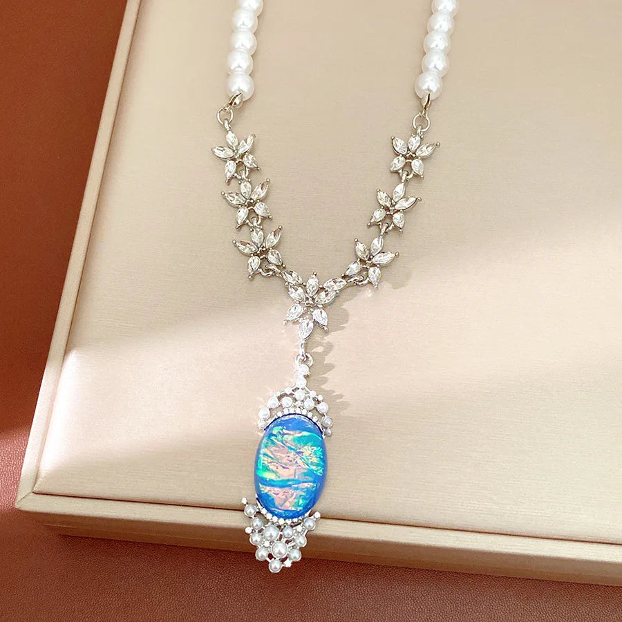 Imitation Pearl Necklace Drop Earrings Oval Shaped Pendant Necklace Earring Women's Fashion Rhinestone Party Jewelry Set  K