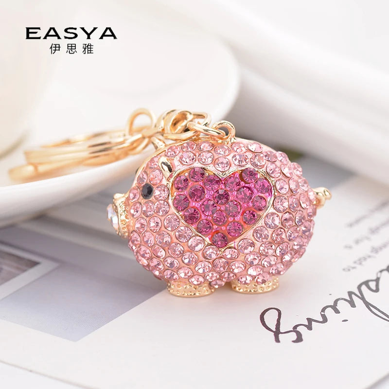 EASYA Cute Pig Shape Keychain Bag Key Ring Kawaii Anime Vintage Metal Crystal High-end Luxury Ladies Charm Jewelry gifts friends
