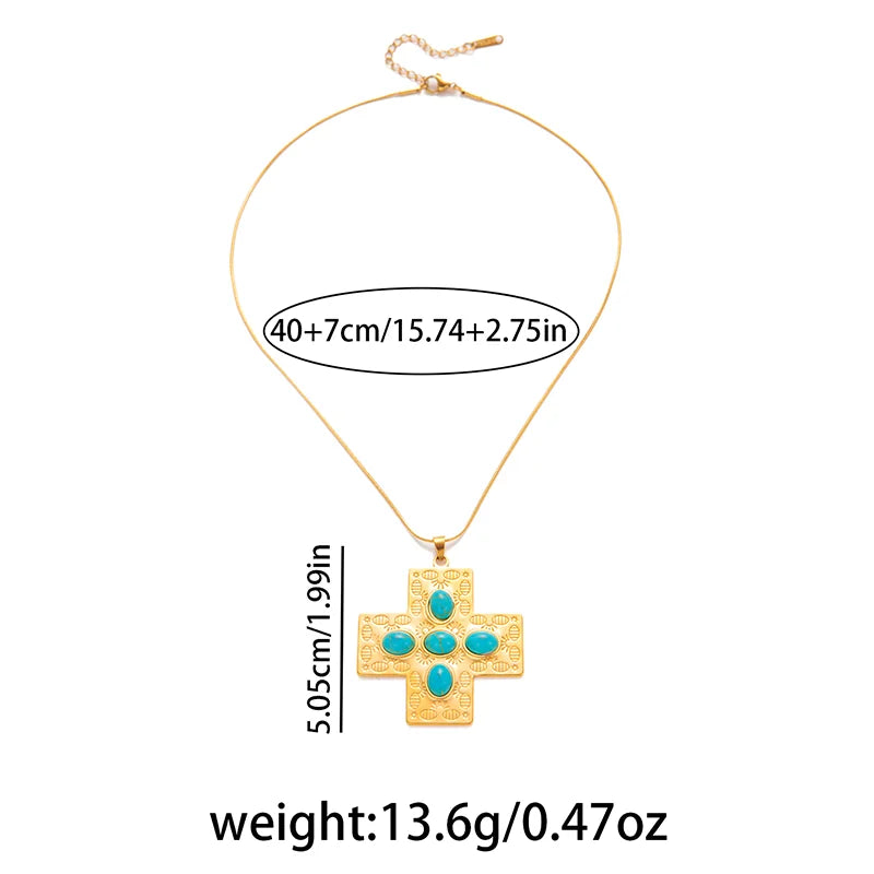 ANENJERY 316L Stainless Steel Turquoise Cross Butterfly Geometry Pendant Necklace For Women Niche Boho Exaggerated Jewelry Gifts