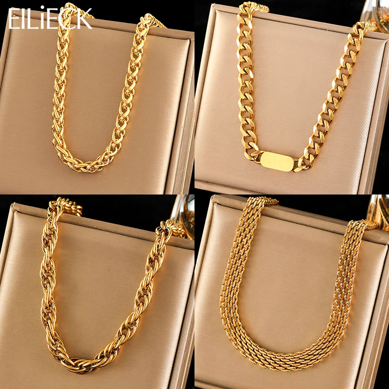 EILIECK 316L Stainless Steel 18K Gold Plated Metal Cuban Chain Statement Necklace Fashion Women Waterproof Neck Chain Jewelry