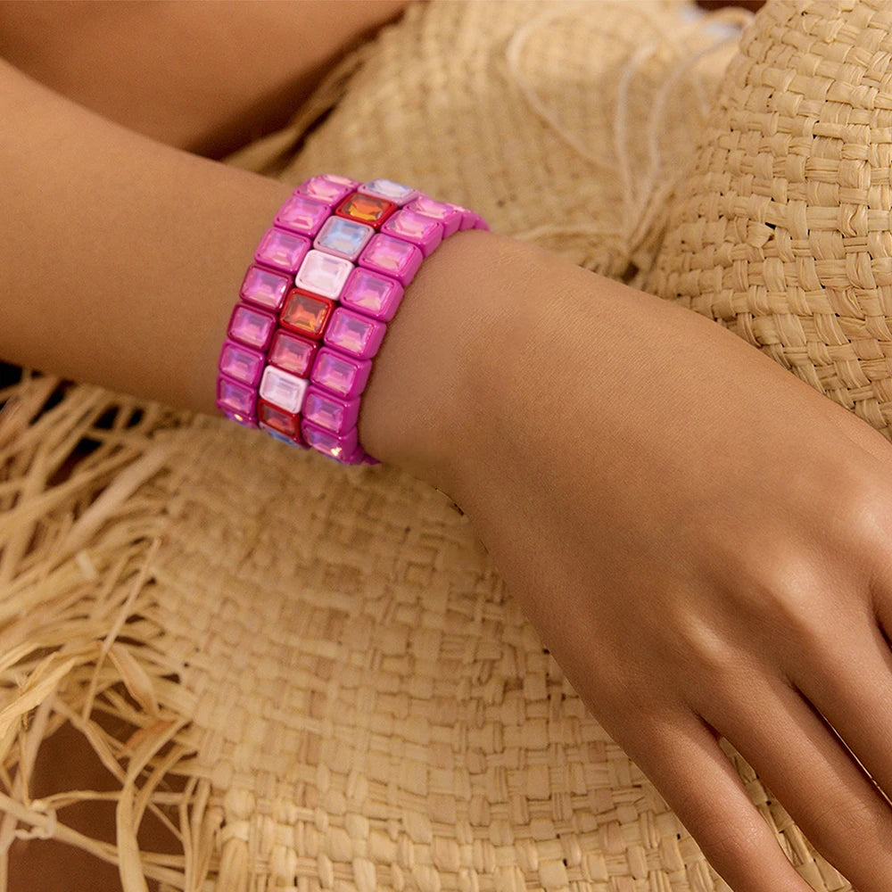 8x10mm Zirconia Enamel Bangle For Women Handmde Rainbow Color Elastic Beaded Bracelets