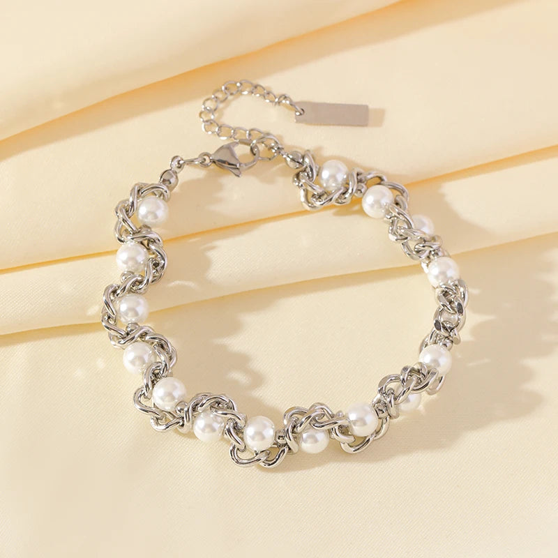 EILIECK 316L Stainless Steel Pearl Chain Necklace Bracelet Set For Women Fashion Waterproof Silver Color Jewelry Set Gift Party