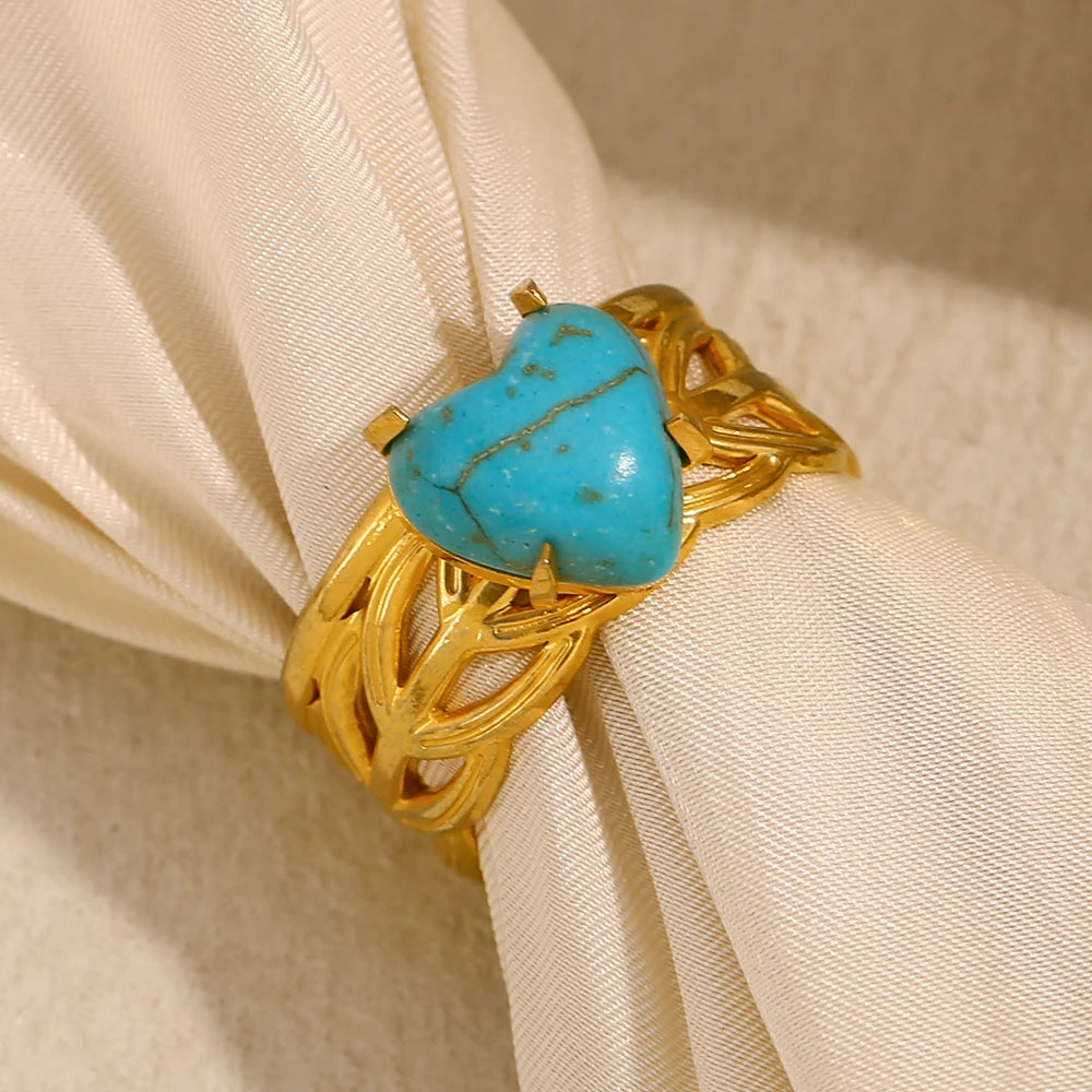 E.B.belle Leaf Pattern Natural Blue Turquoise Stone Heart Opening Ring 18K Gold Plated Stainless Steel Party Waterproof Jewelr y
