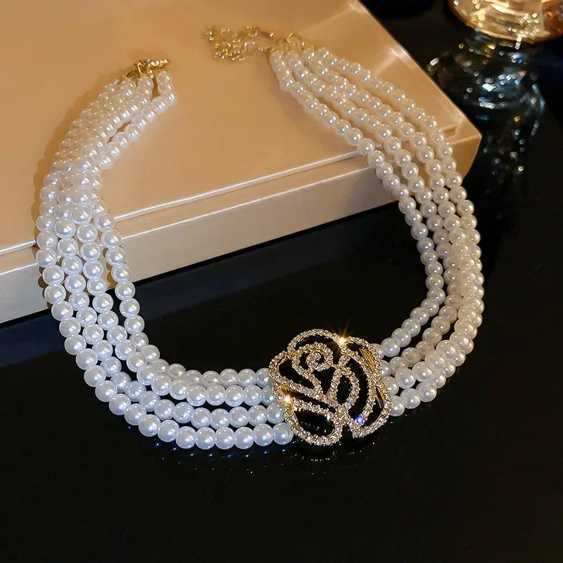 Elegant Multilayer Pearl Choker Necklaces for Women Crystal Flowers Necklaces Weddings Party Jewelry