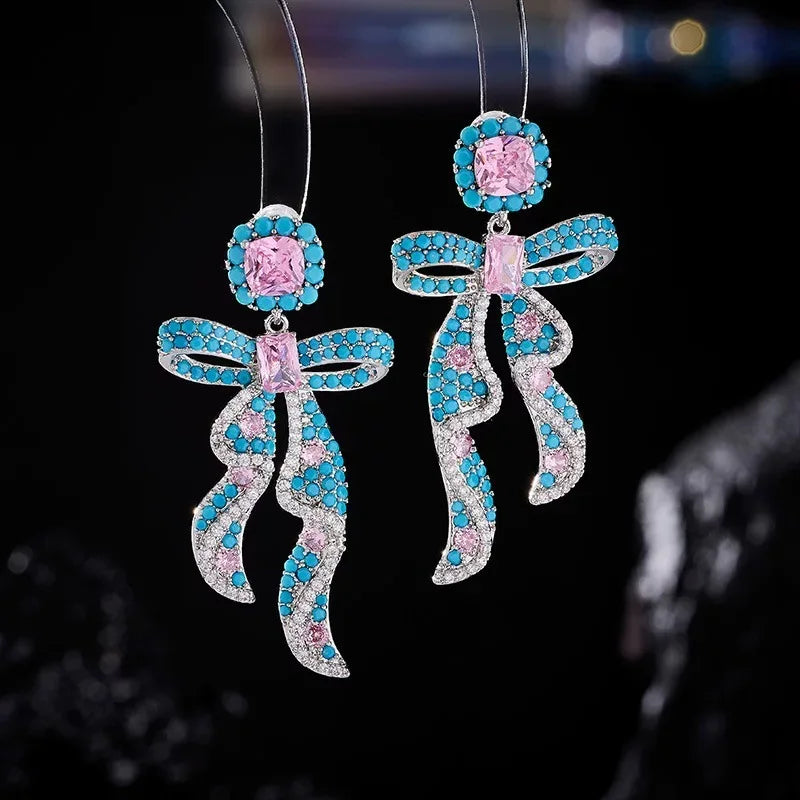 Vintage Elegant Luxury Bowknot Ribbon Zircon Earrings For Women Exquisite Rhinestone Bow Stud Earrings Wedding Party Jewelry