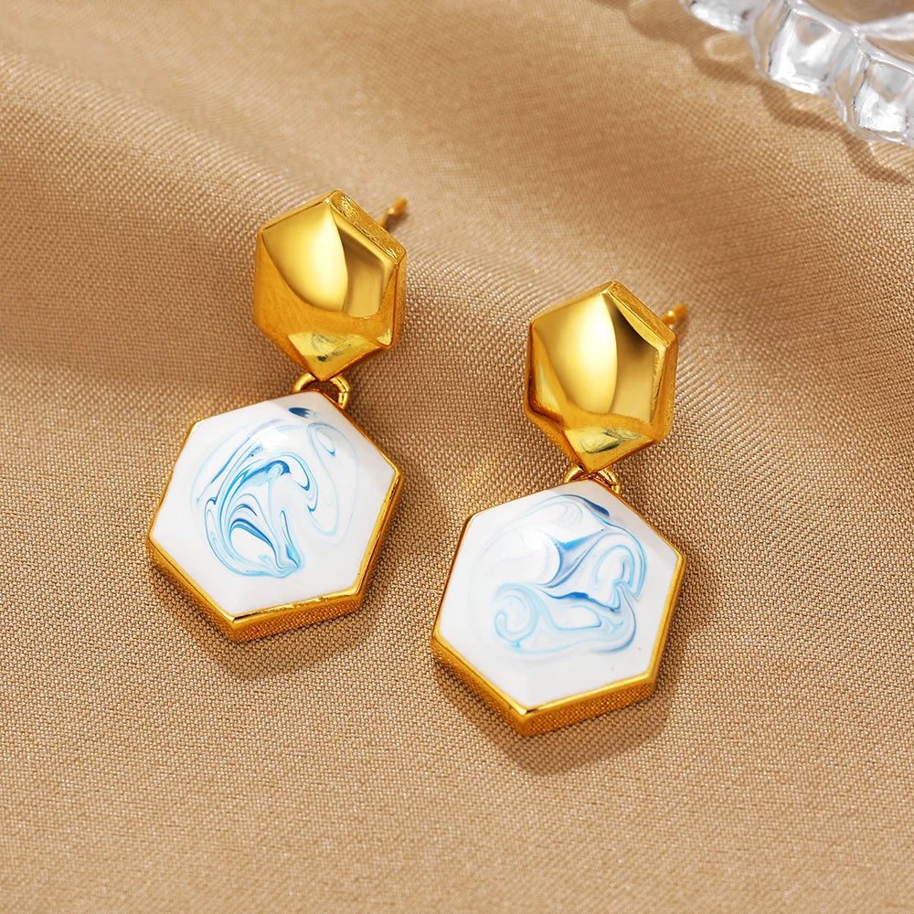 Blue White Porcelain Star Moon Oval Drop Earrings for Women Stainless Steel Gold Color Geometric Dangle Earrings Jewelry Gift