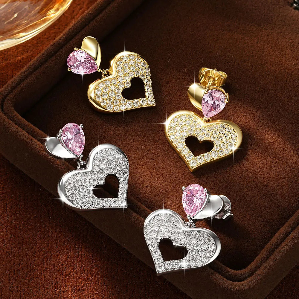 OXTAO Pink Heart-shaped Drop Earrings Sweet Moissanite &CZ Lab Imitation Diamond 14K Gold Filled  for Women Luxury Jewelry