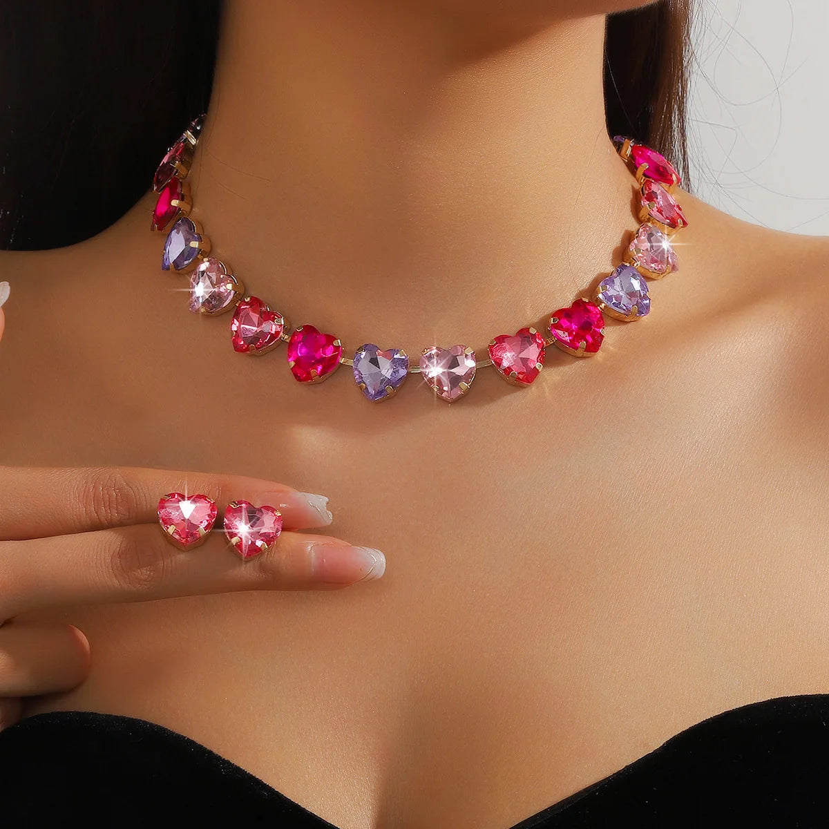 FYUAN Sweet Rose Red Heart Pendant Necklace For Women Crystal Earrings Weddings Banquet Jewelry Sets
