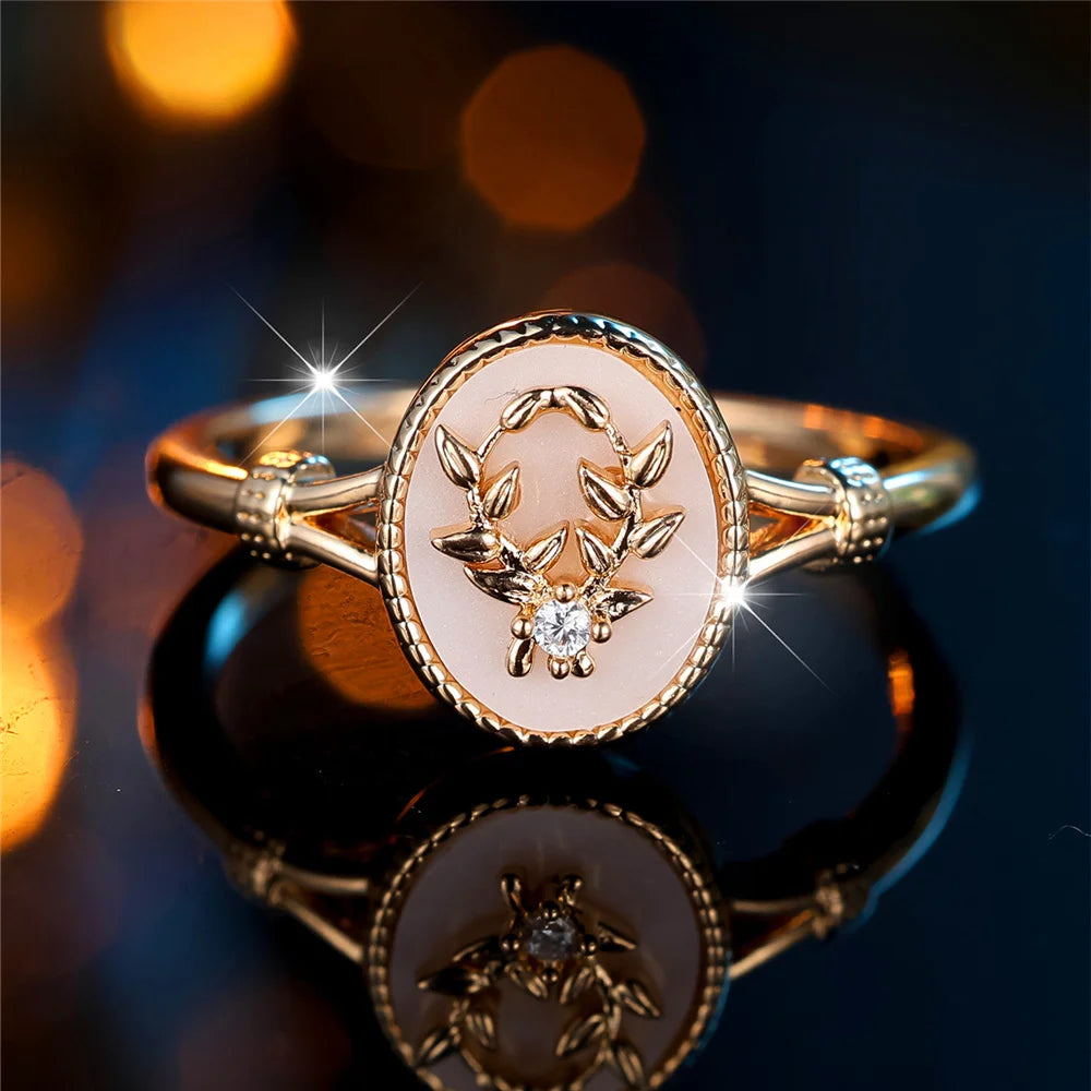 Charm Female White Enamel Stone Oval Leaf Plant Ring Rose Gold Silver Color Cute Gift Wedding Jewelry For Women