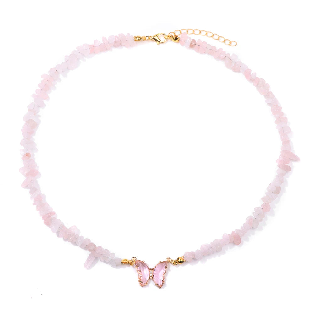 Trendy Butterfly Crystal Necklace Natural Purple Amethysts Quartzs Crystal Chip Stone Necklace Jewelry Gift For Women Couple