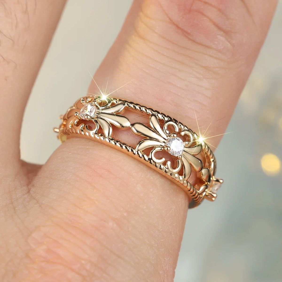 Cute Female White Zircon Flower Open Ring Gold Color Wedding Rings Promise Adjustable Engagement Jewelry For Women