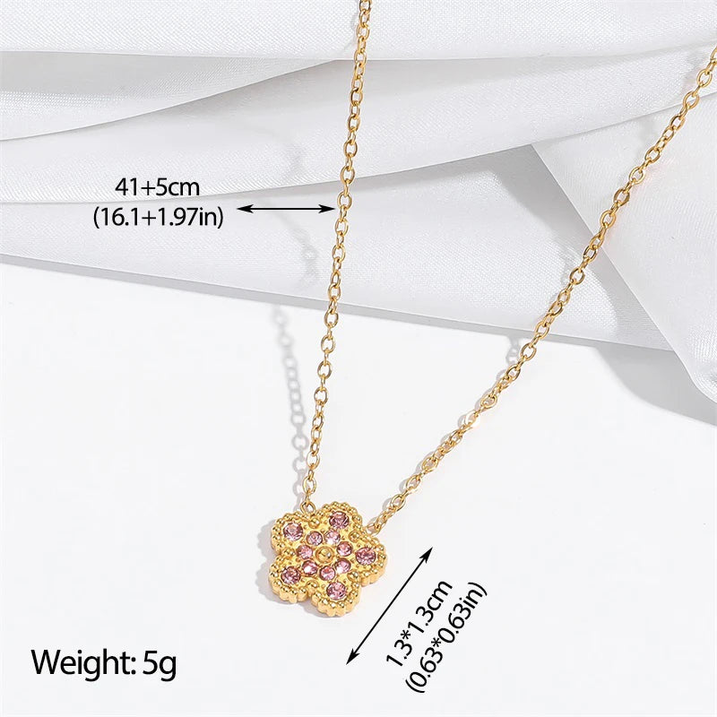 EILIECK New Fashion Stainless Steel Pink Zircon Clover Necklace Bracelet Earrings Set For Women Trendy Flower Jewelry Set Gift