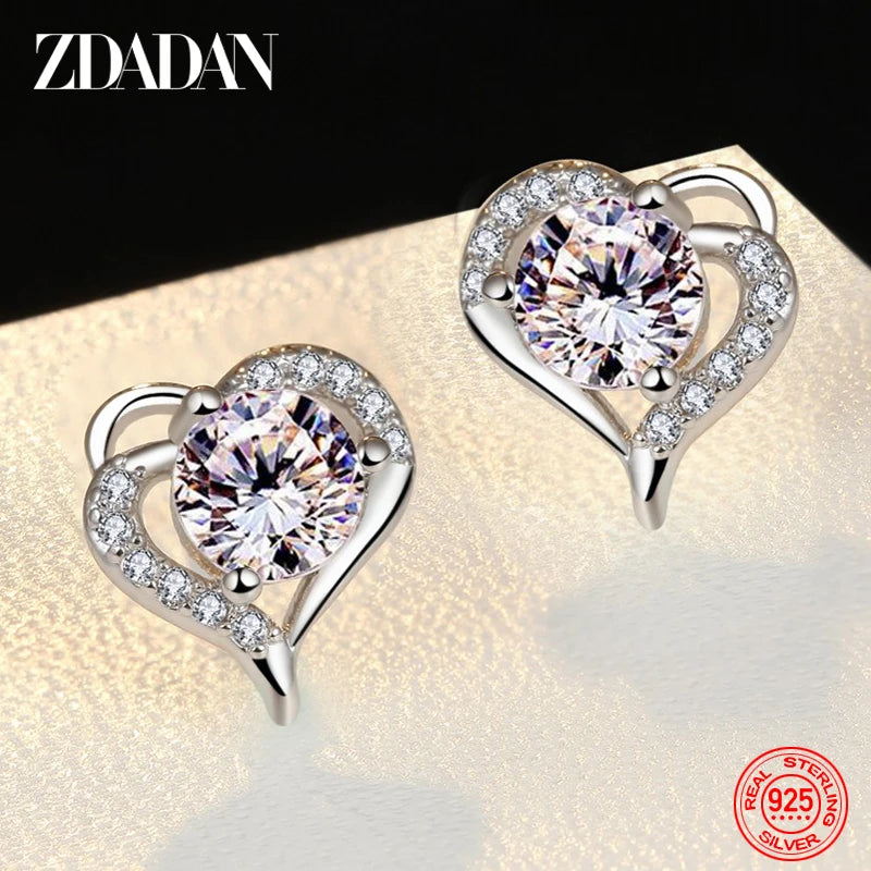 ZDADAN 925 Sterling Silver Heart Amethyst Earring For Women Fashion Jewelry Accessories