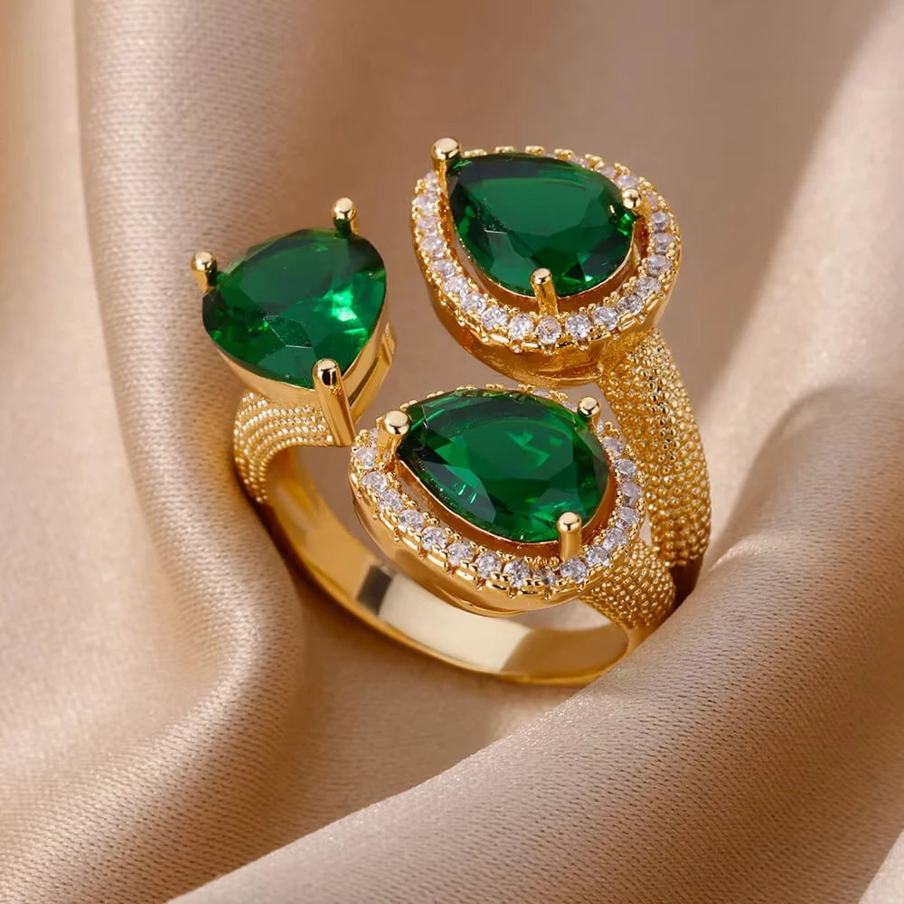 Stainless Steel Rings Gold Plated Colorful Stone Zircon Crystal Luxury Flower Ring For Women Wedding Jewelry Christmas Gift New