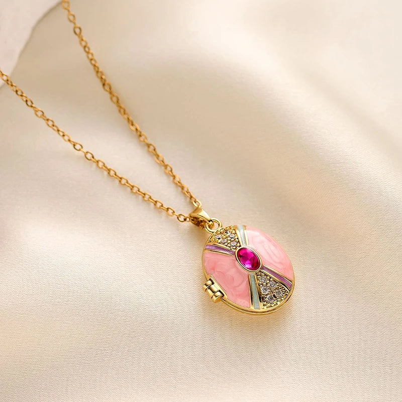 ANENJERY 316L Stainless Steel Openable Oval Heart Photo Frame Zircon Necklace For Women Delicate Vintage Jewelry Gifts Wholesale