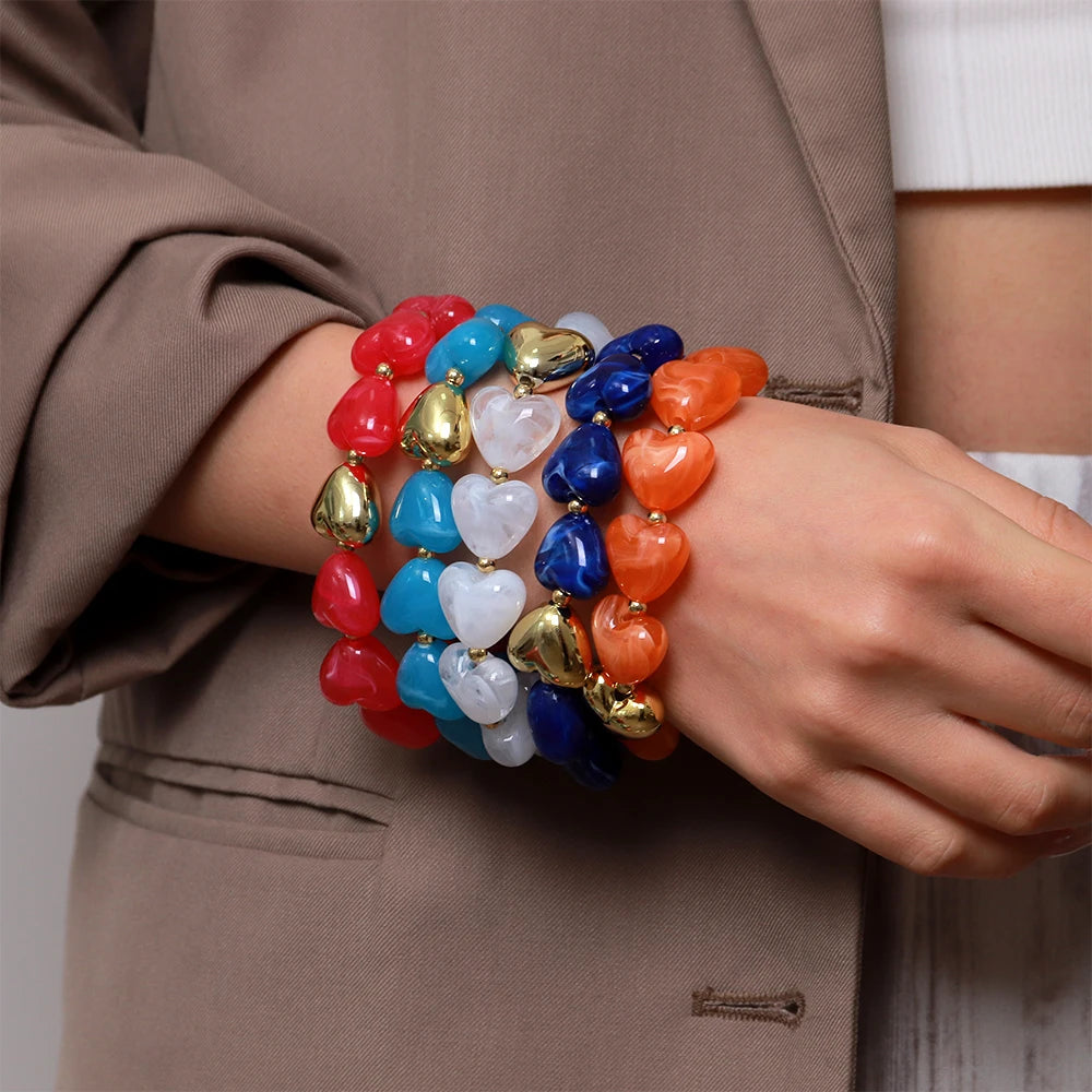 Sweet Resin Love Heart Beads Elastic Bracelets for Women Cute Geometric Heart Shape Stretch Bracelet Party Jewelry Gifts