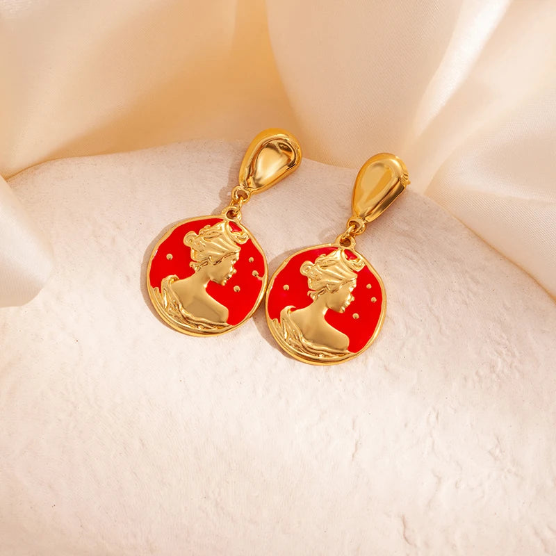 ANENJERY 316L Stainless Steel Portrait Round Card Pendant Earrings For Women Vintage Personality Versatile Party Jewelry Gifts