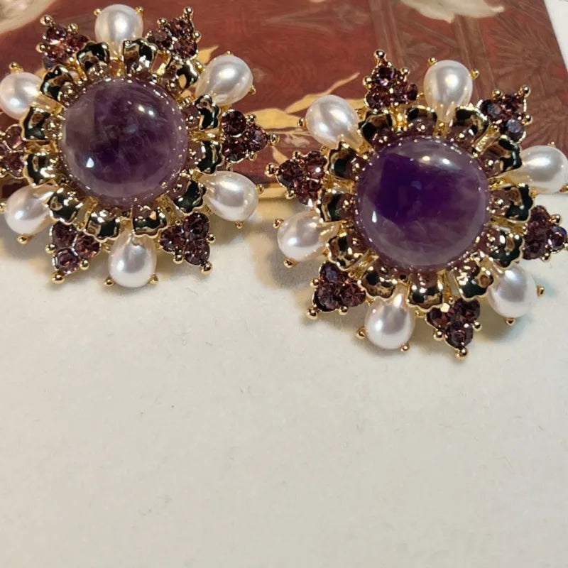 NISHIZAWA Amethyst Turquoise Earrings for Women Palace Style Geometric Retro Jewelry Fashion Elegant Aretes De Mujer