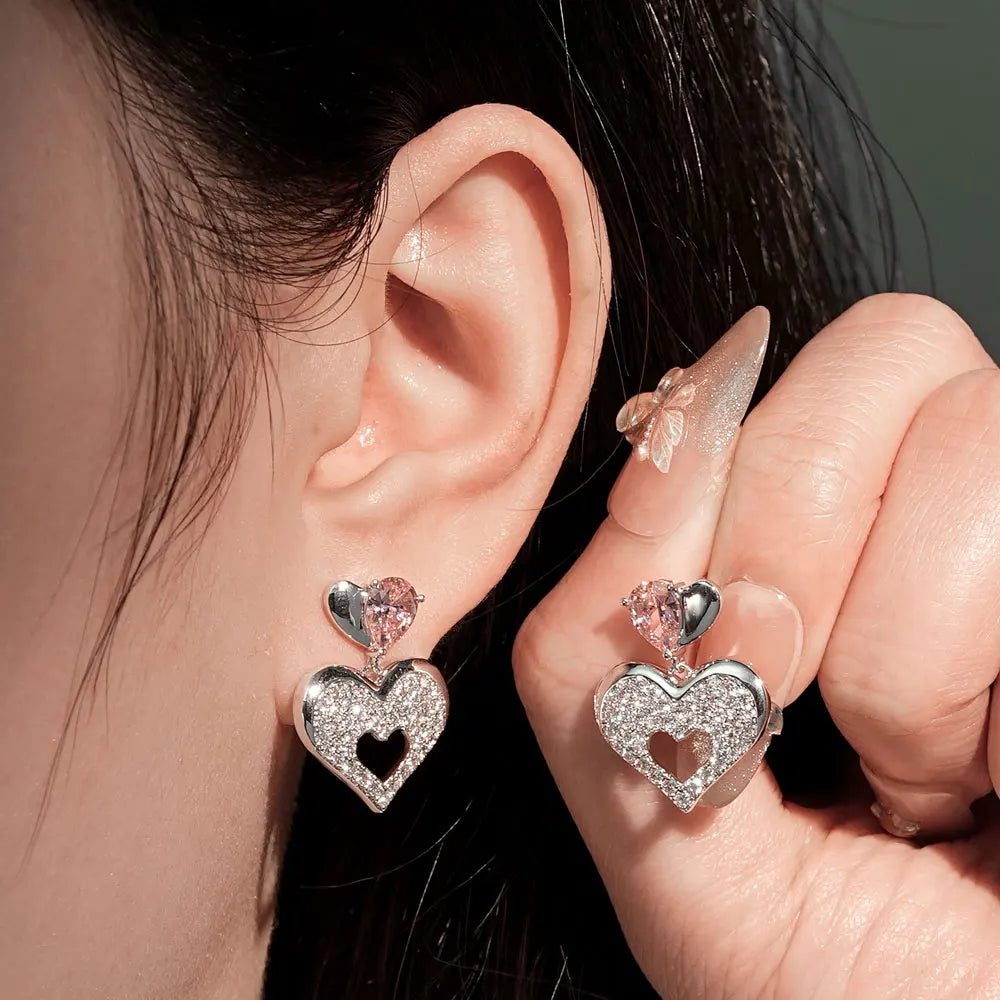 OXTAO Pink Heart-shaped Drop Earrings Sweet Moissanite &CZ Lab Imitation Diamond 14K Gold Filled  for Women Luxury Jewelry