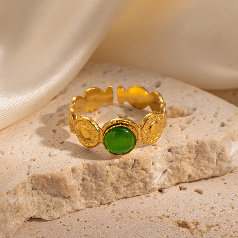 ANENJERY 316L Stainless Steel Colorful Stone Round Card Sun Open Ring for Women Men Niche Special Jewelry Gifts Wholesale