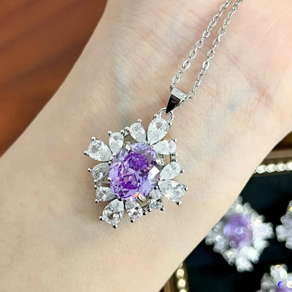 925 Sterling Silver Bright Bird's Nest Cut High Carbon Diamond Violet Flower Jewelry Set Elegant Jewelry
