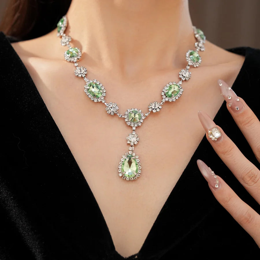 Shiny Cubic Zirconia Jewelry Set Women's Fashion Water Drop Teardrop Rhinestone Choker Necklace Dangle Earrings for Party K