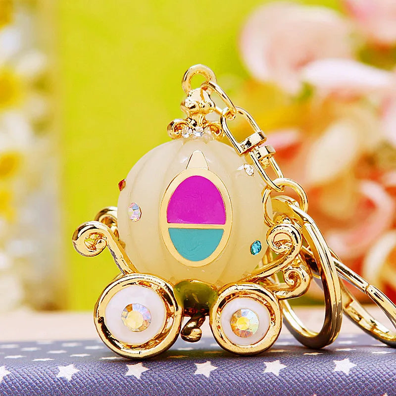 Lovely Cinderella Pumpkin Carriage Keychain Crystal Keyring Pendant Purse Bag Car Keychain