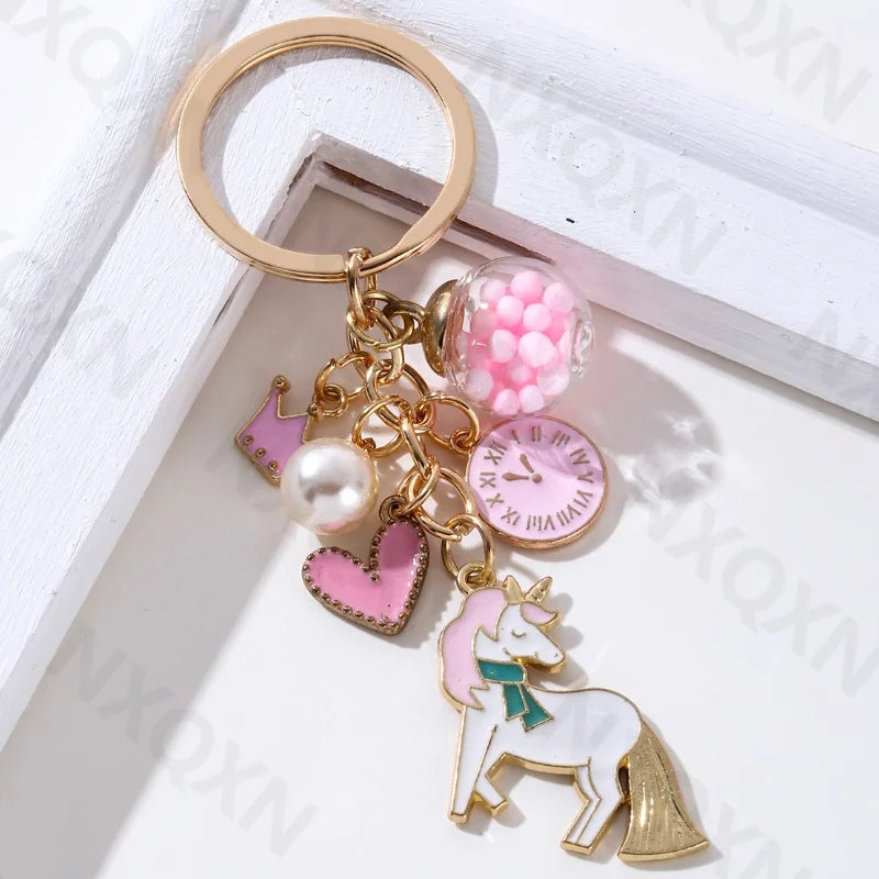 Lovely Pink Heart Clock Crown Unicorn Preal Enamel Keychain Cute Animals Love Key Ring For Women Girl Handmade Friendship Gift