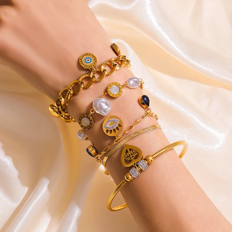 EILIECK 316L Stainless Steel Water Drop Zircon Butterfly Hexagram Charm Bracelet For Women Trend Fashion Gold Color Jewelry Gift