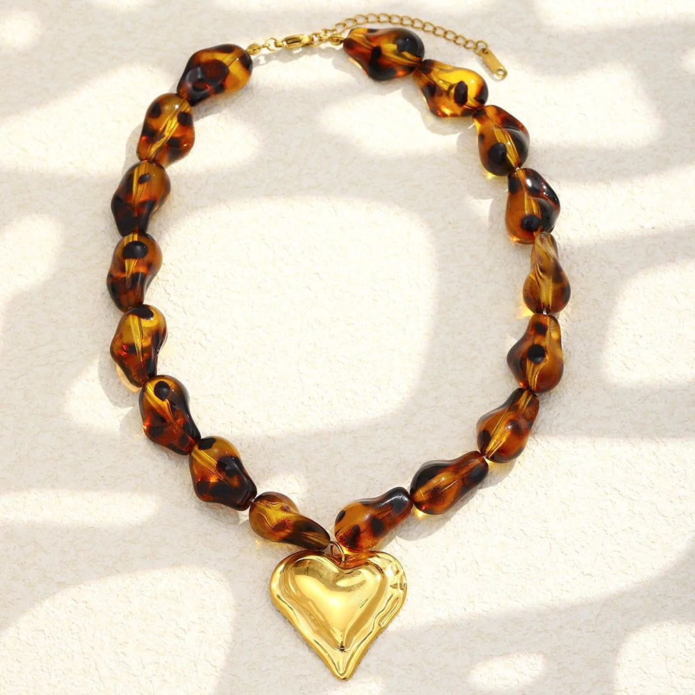 E.B.belle Leopard Print Natural Stone String Necklace With Heart Pendant Charm Personalized Design For Daily Life Birthday Party