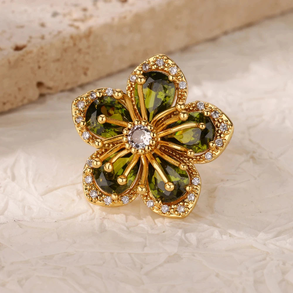 Stainless Steel Rings Gold Plated Colorful Stone Zircon Crystal Luxury Flower Ring For Women Wedding Jewelry Christmas Gift New