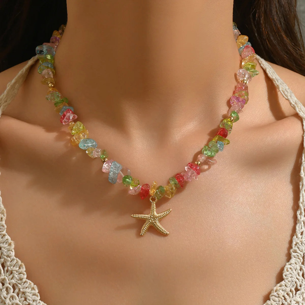 Boho Beach Vacation Starfish Necklace Set for Women Natural Chip Stone Beads Pink White Colorful Summer Y2K Trendy Fashion Jewel