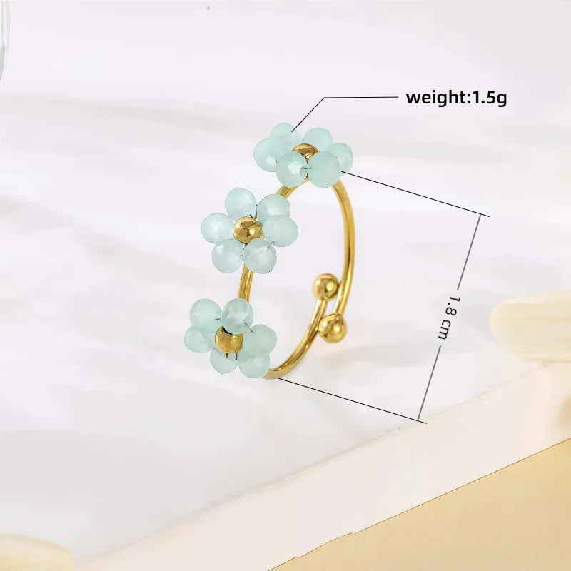 ANENJERY 316L Stainless Steel Colorful Beads Flowers Open Ring For Women French Niche Design Elegant Jewelry Gifts Wholesale