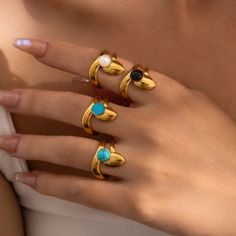 ANENJERY 316L Stainless Steel Colorful Stone Water Droplets Open Ring for Women Personality Niche Jewelry Niche Gifts Wholesale