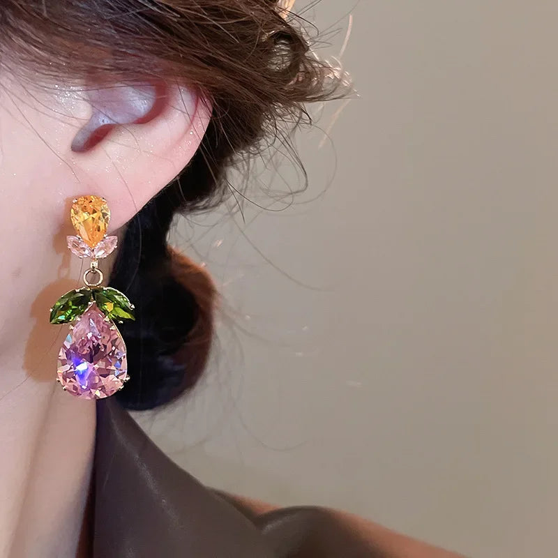 2 Pcs Color-block Water Drop Zircon Pendant Necklaces Set Party Retro Leaf Dangle Earrings Daity Banquet Gathering Anniversary H