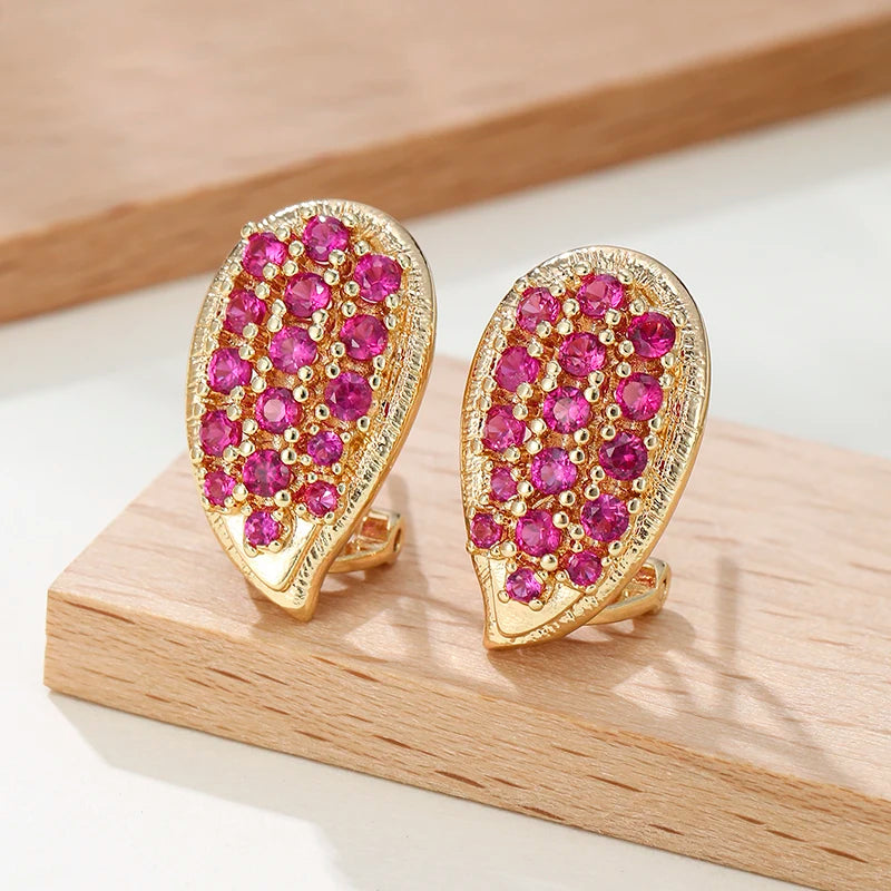 Sparkling Pink CZ Stud Earrings Gold Color Oval Shaped Pave Cubic Zirconia Earrings for Women Party Jewelry Bridal Accessories