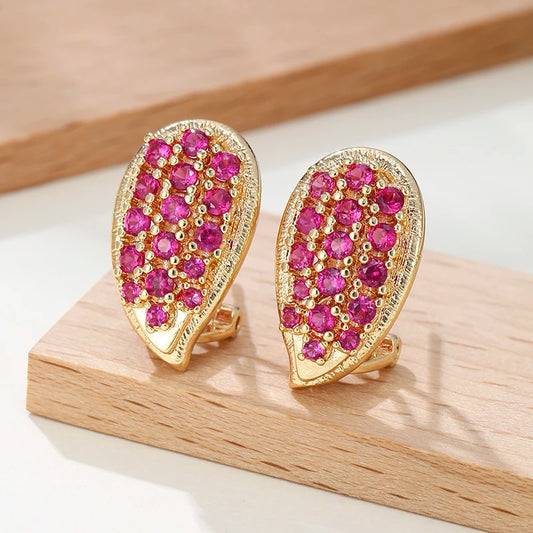 Sparkling Pink CZ Stud Earrings Gold Color Oval Shaped Pave Cubic Zirconia Earrings for Women Party Jewelry Bridal Accessories