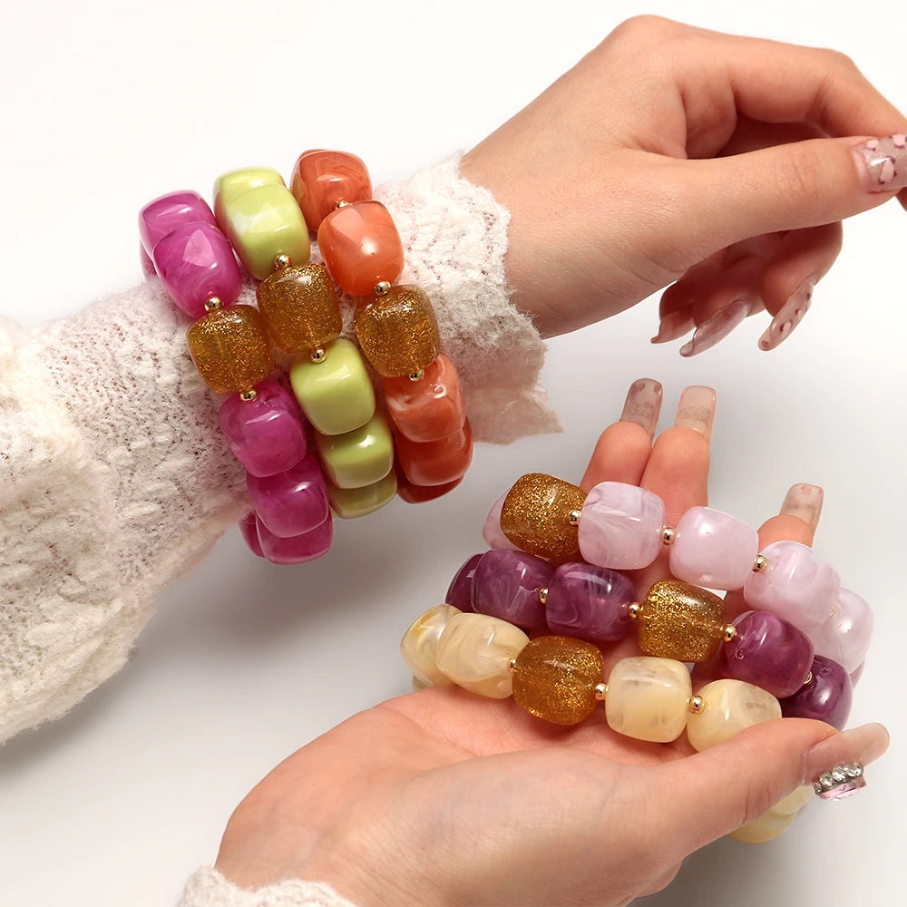 Trendy Resin Square Beaded Elastic Bracelets Colorful Geometric Beads Stretch Bangle Bracelet 2026 New Jewelry