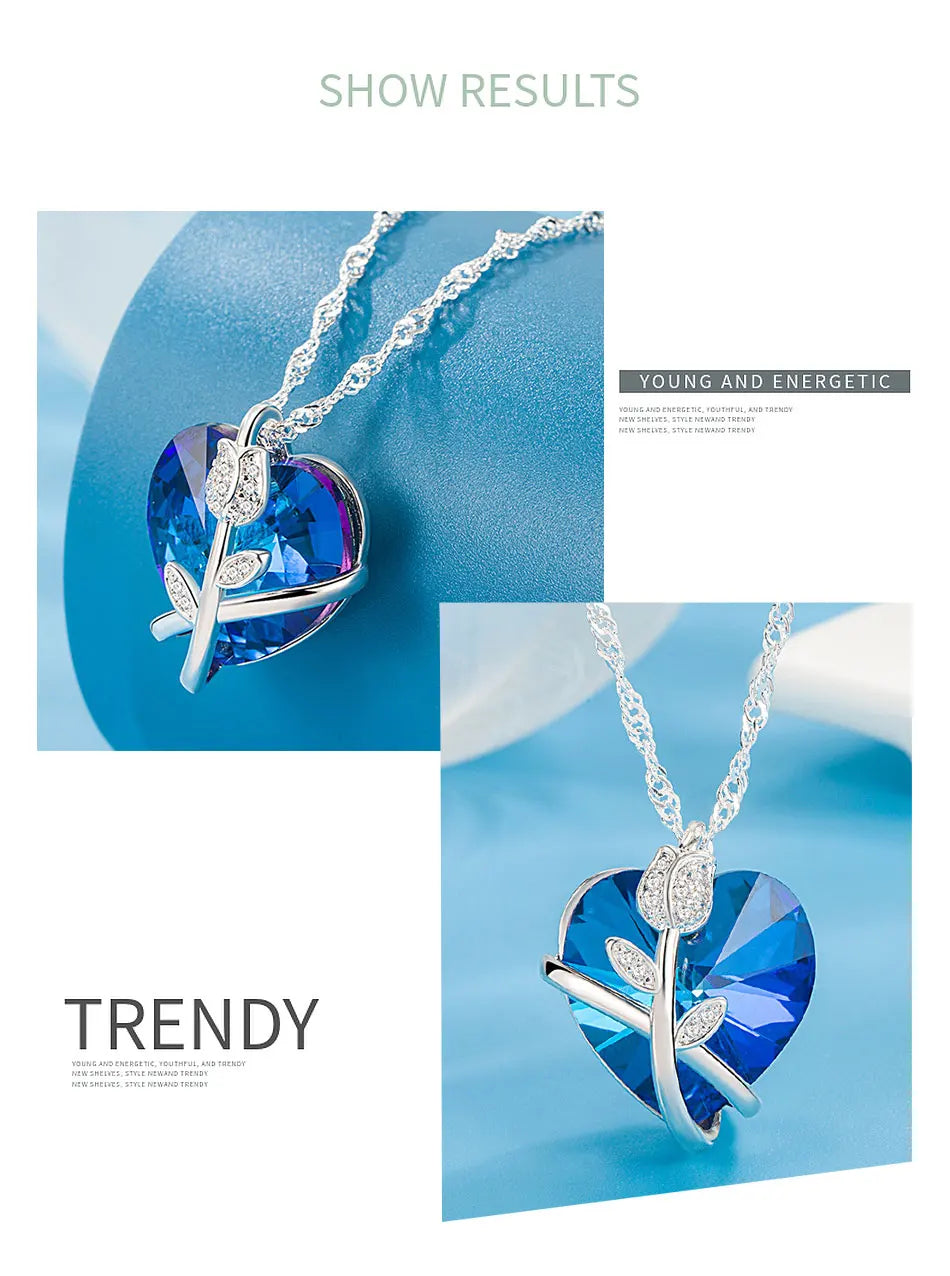 ZDADAN 925 Sterling Silver Rose Flowers Blue Heart Crystal Necklace For Women Fashion Jewelry