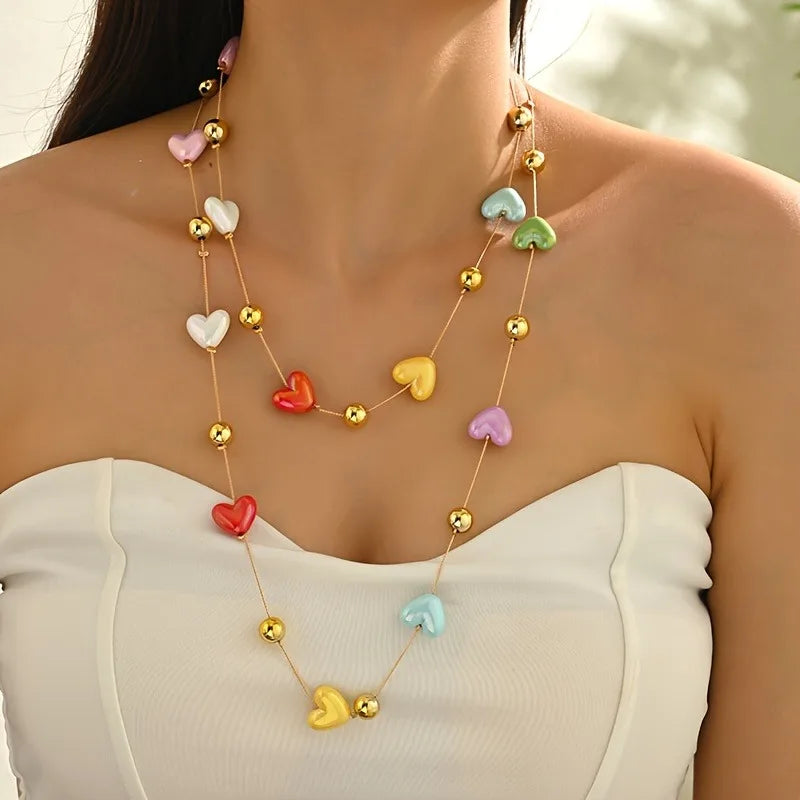 Bohemian Long Multilayer Heart Necklace for Women Colorful Candy Like Hearts with Golden Accents