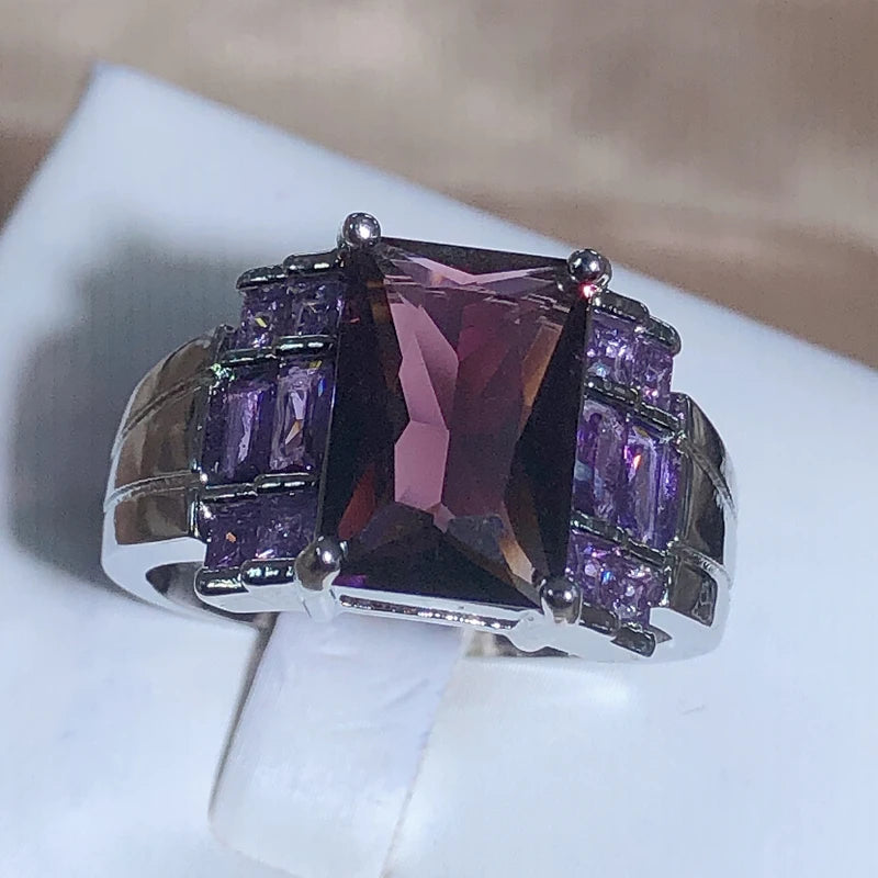 New Fashion Purple Zircon Square Ring Women 925 Stamp Exquisite Luxury Large Rectangular Zircon Party Birthday Gift