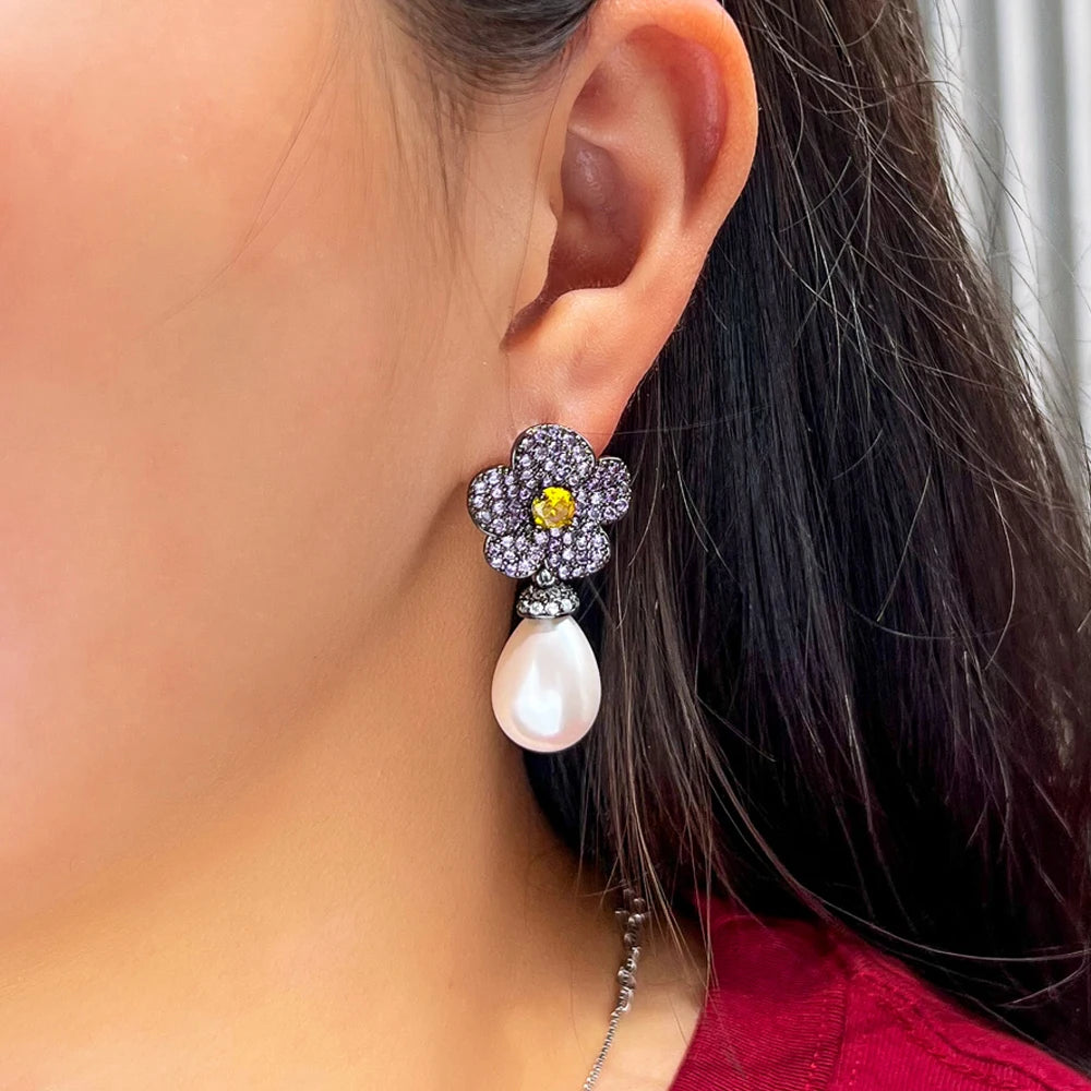 ThreeGraces Elegant Pink Yellow Cubic Zirconia Flower Shape Simulated Pearl Drop Earrings for Women Fashion Party Jewelry E1801