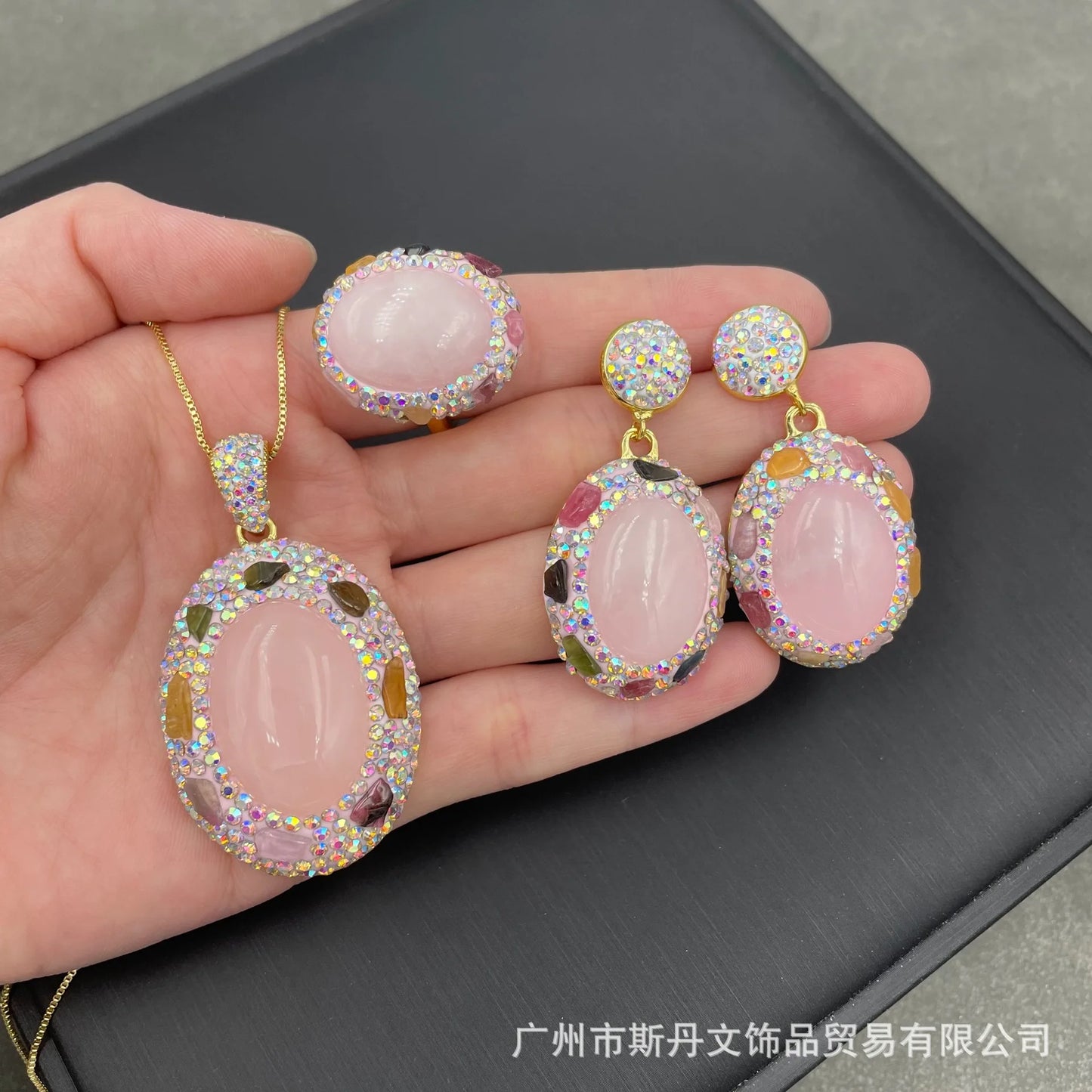 Natural powder crystal tourmaline rough stone set, fashionable light luxury natural Czech diamond, personalized jewelry three-pi