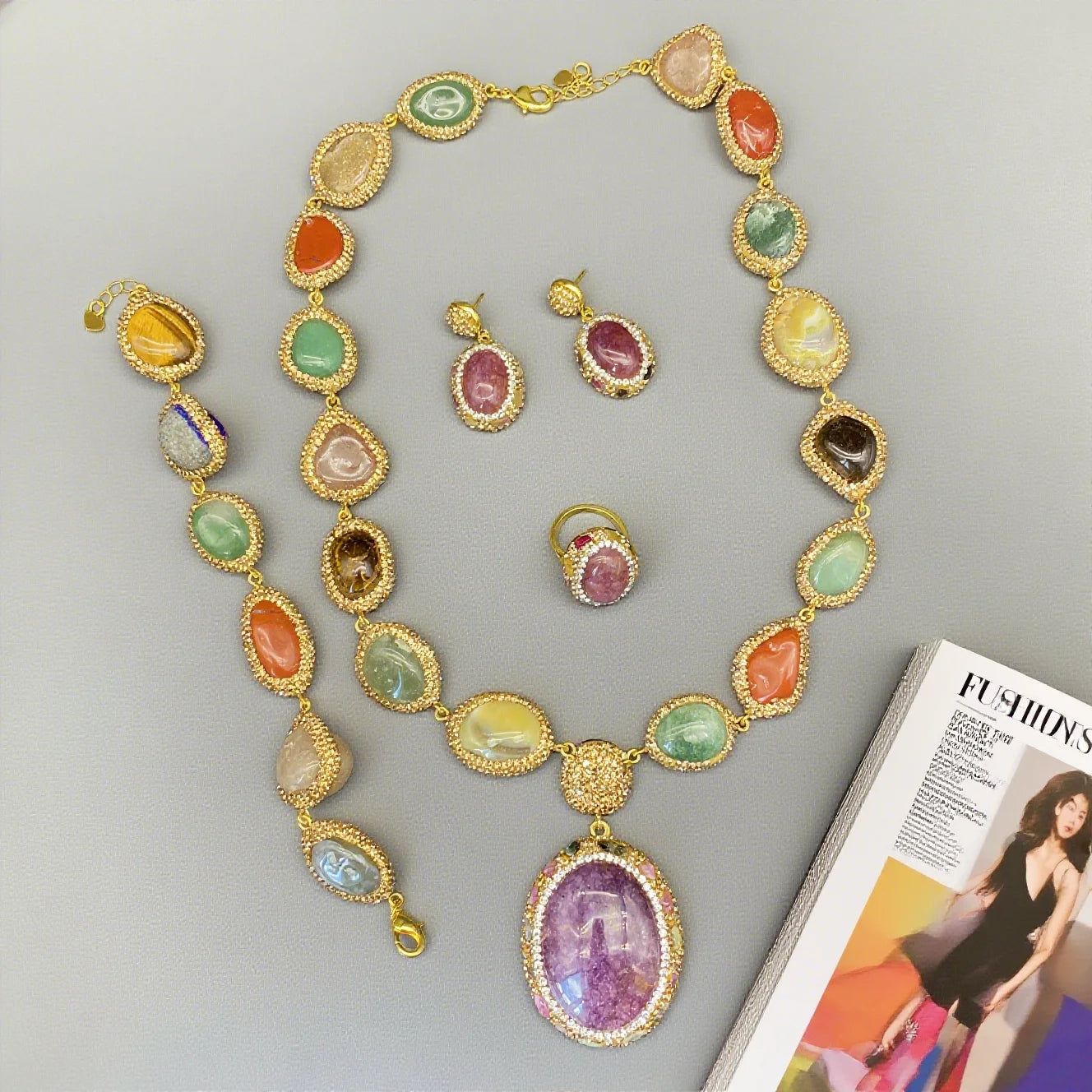 Colorful Multi Crystal Stone Jewelry Sets Natural Amethyst Tiger's Eyes Quartz Inlaid Rhinestone Beaded Necklace Earring