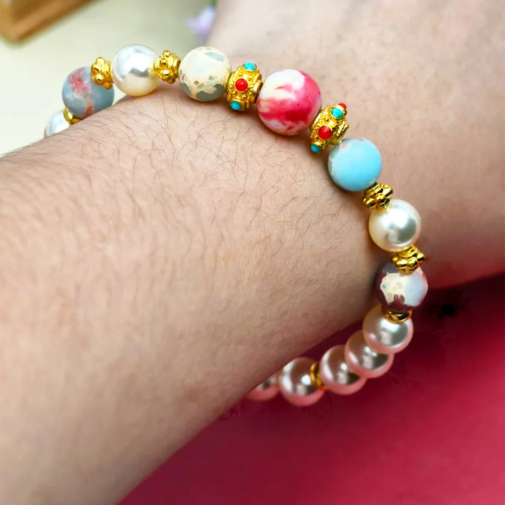 NEW White Pearl Natural Stone Beaded Bracelet for Women Golden Colorful Boho Bracelet Wedding Party Daily Wear Jewelry Gift