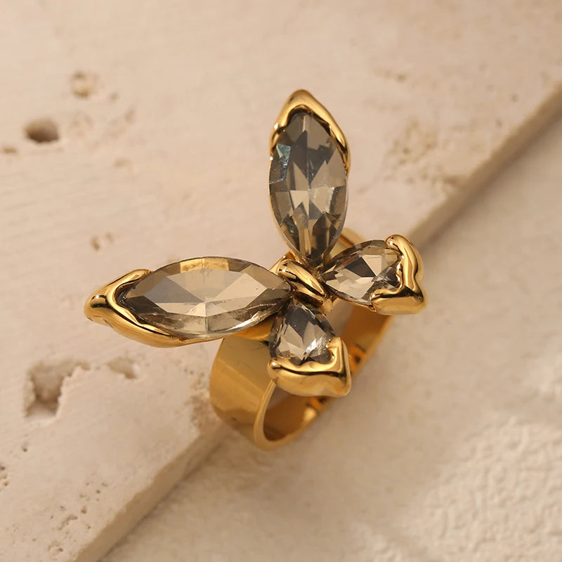 EILIECK Minimalist Classic 18K Gold Color Plated Butterfly Zircon Adjustable Ring Hypoallergenic Stainless Steel Jewelry Gift