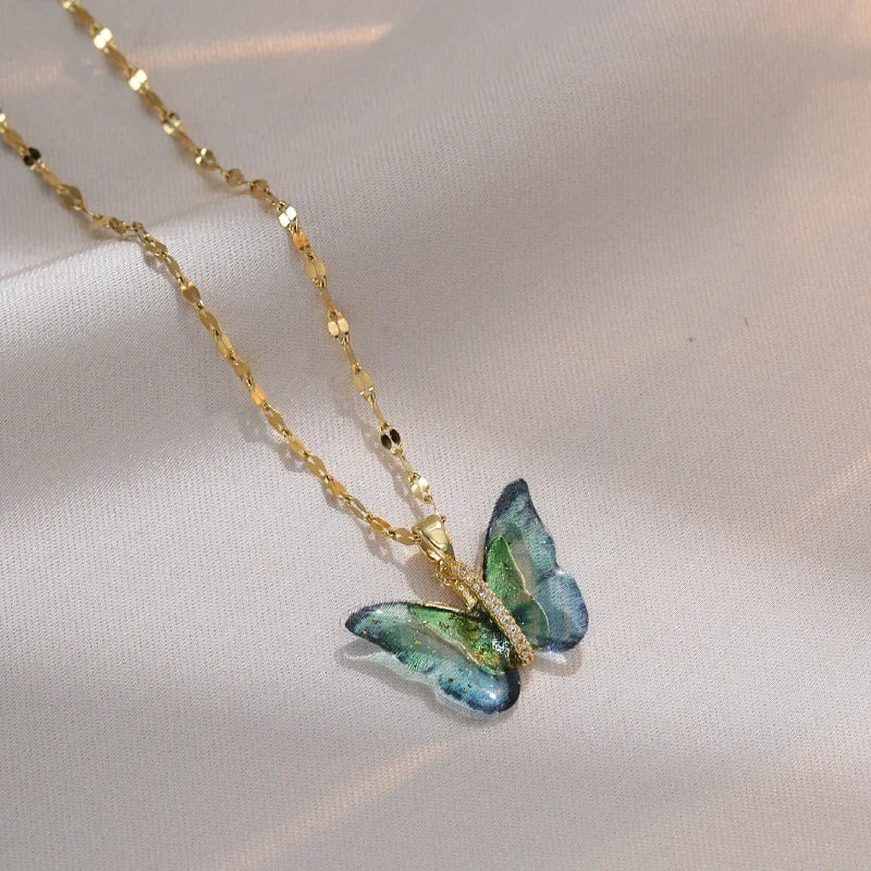 Exquisite Micro Inlaid Zircon Butterfly Tassel Necklace For Women Stainless Steel Moon Butterfly Flower Clavicle Choker Jewelry