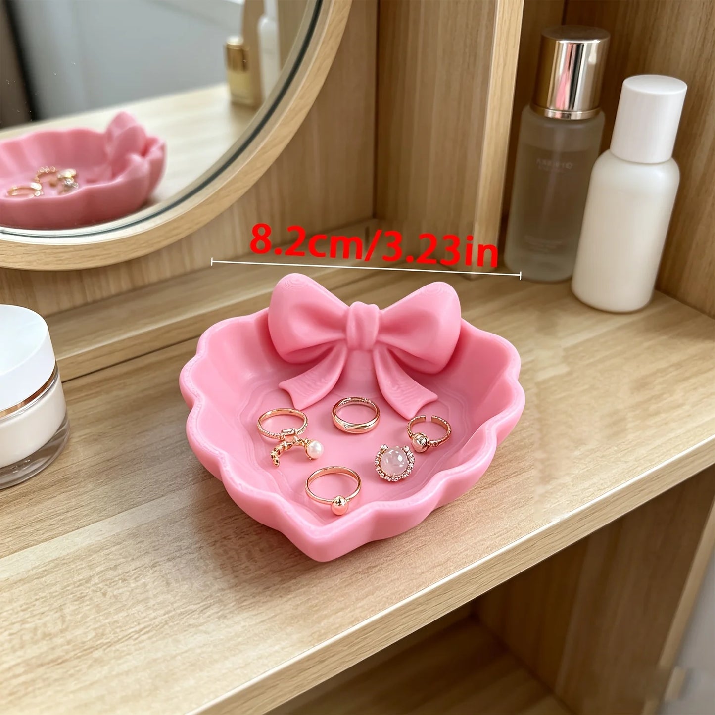 Cute Pink Bow Heart Jewelry Tray Desktop Trinket Organizer Decor Display Plate for Rings Earrings Small Accessories