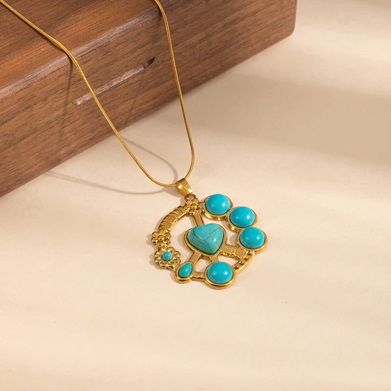 ANENJERY 316L Stainless Steel Turquoise Irregular Geometry Pendant Necklace For Women Boho Retro Personality Jewelry Gifts