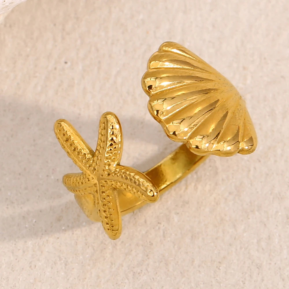 E.B.belle Personality Shell Starfish Opening Rings for Women New Fashion 316L Stainless Steel  PVD Plating Jewelry Decoration